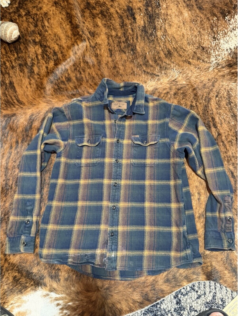 Orvis Classic Collection Blue Plaid Sz XL Cotton Flannel Button-Up Pockets Read